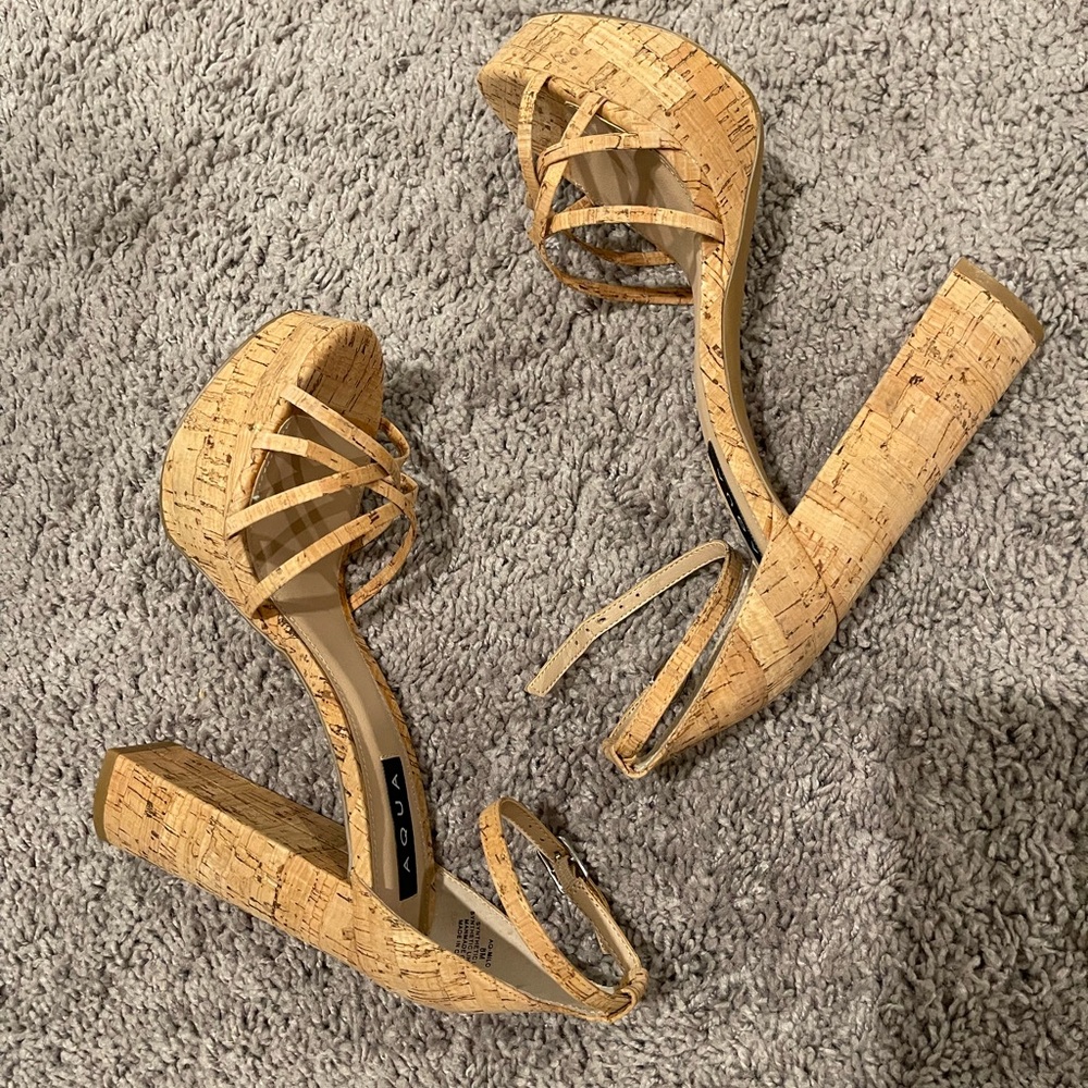 Aqua Tan Cork Strappy Heels - Picture 2 of 8